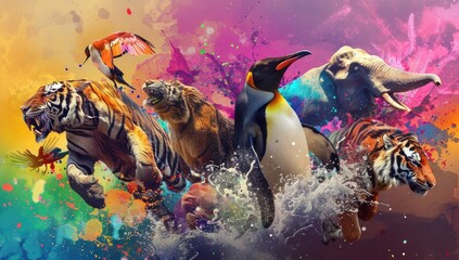 An array of colorful zoo animals, illustrated in a playful and funny watercolor style.