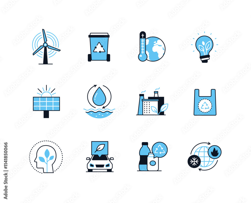 Poster caring for the environment - line design style icons set