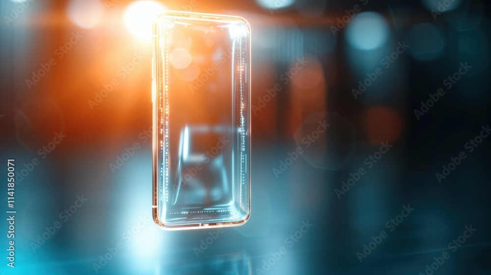 Poster a sleek, translucent object appears suspended in a glowing environment, reflecting light and creatin