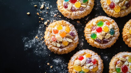 Colorful almond pastries topped with candied fruits and nuts on a black background dusted with powdered sugar