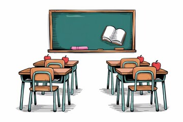 Empty Classroom Desks Chairs Blackboard Apples Book