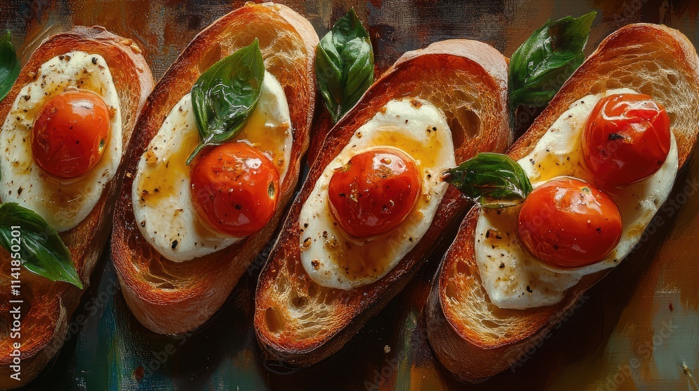 Poster baguette toasts topped with mozzarella and cherry tomatoes garnished with fresh basil on a colorful 