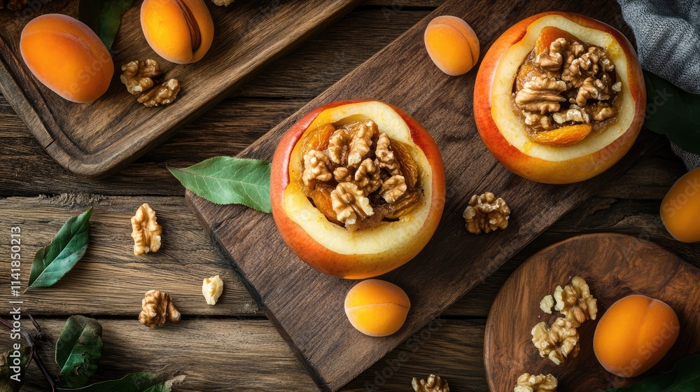 Poster baked apples with walnut and dried apricot filling displayed on rustic wooden surfaces with apricots