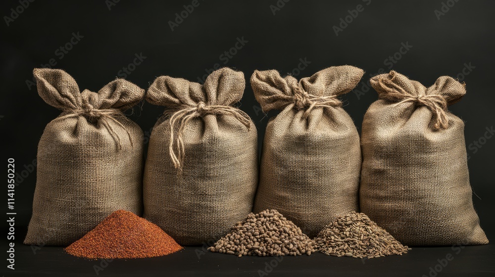Poster linen sacks filled with various aromatic spices displayed alongside colorful spice piles on a dark b
