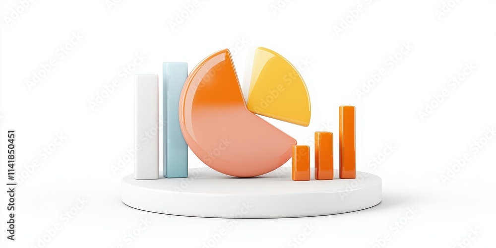Poster measuring success and growth assessment concept. 3d pie and bar charts on a white platform illustrat