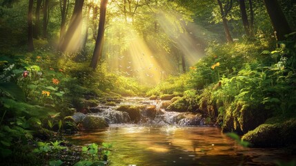 Serene Forest Stream with Sunlight Filtering Through Trees and Lush Green Ferns
