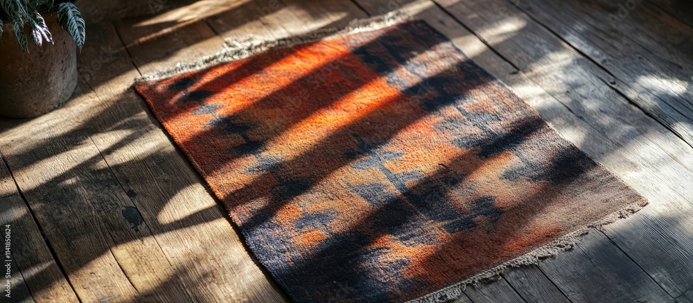 Poster dynamic interplay of shadows on rustic wooden floor enhanced by a colorful rug creating a warm and i