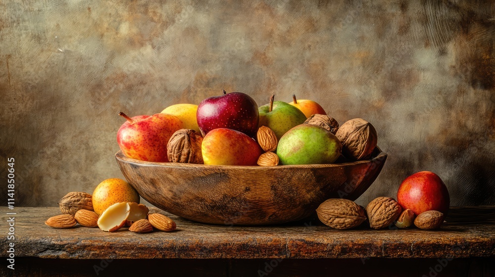 Poster almonds and assorted fruits in a rustic wooden bowl on a textured table creating a still life compos