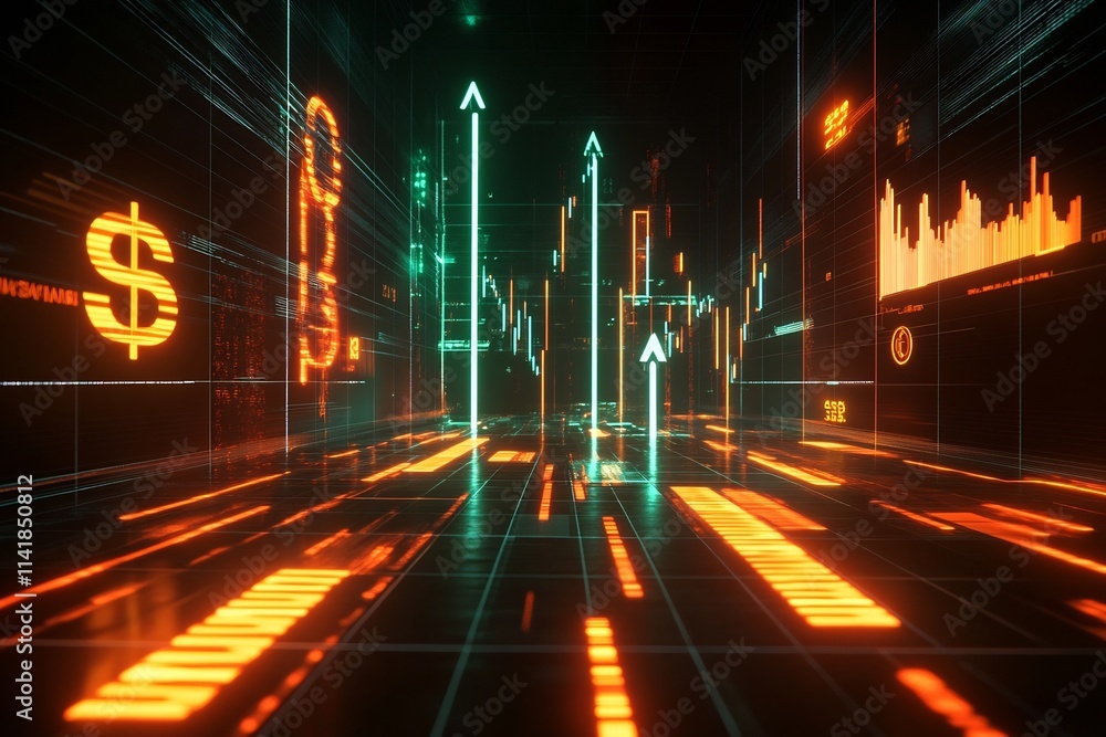 Poster glowing financial data visualization chart with arrows and currency symbols on futuristic grid
