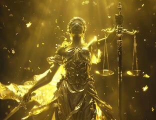 A golden statue of Lady Justice, blindfolded, holding scales, symbolizing fairness and law against a vibrant sunset background.
