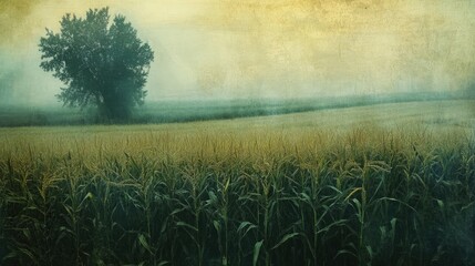 Dreamy barley corn field with faded tones and a solitary tree under misty atmospheric conditions in a serene rural landscape.