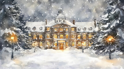 cozy snow covered school building in winter, radiating warmth and charm