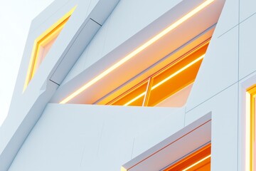 Modern building facade with white panels and orange windows