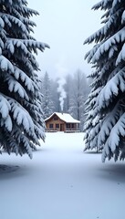 Naklejka premium Snowy cabin in a winter forest landscape