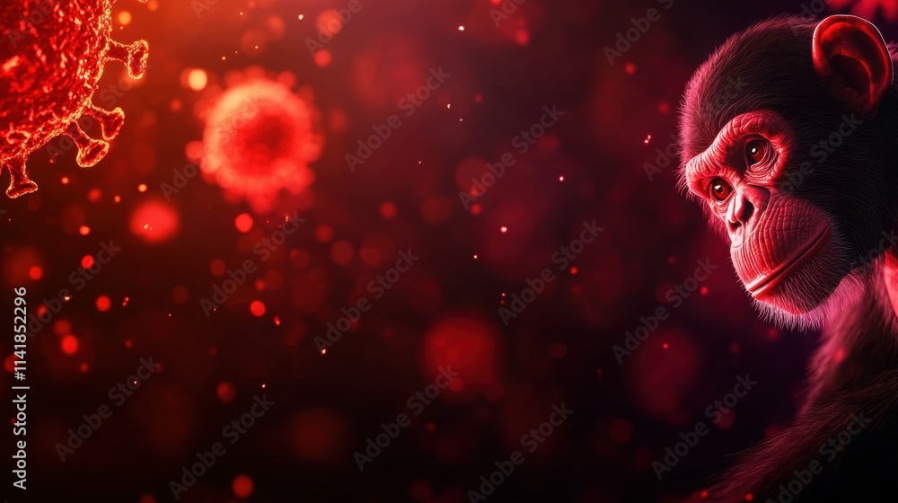 Poster unexpected encounter monkey observing virus particles in a dark environment scientific conceptual il