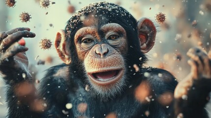 Playful monkey interacting with floating particles in a vibrant jungle setting close-up view wildlife concept