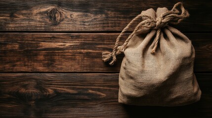 Hessian bag on rustic wooden background showcasing natural textures and earthy tones for packaging and craft use