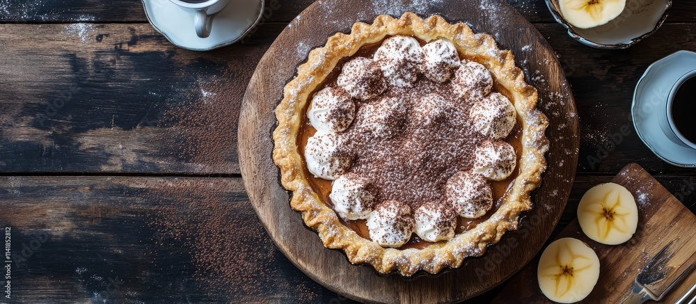 Poster delicious banoffee pie with cocoa dusting and coffee served on rustic wooden table with sliced banan