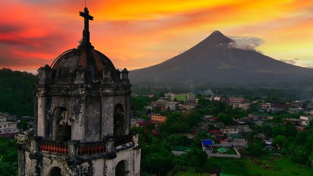 Daraga Church in Front of mayon volcano aerial shoot in Daraga Albay Philippines