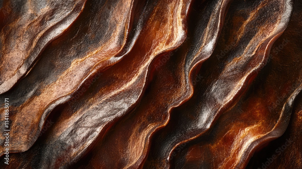 Poster macro shot of textured bacon slices creating a wavy pattern showcasing rich colors and details in fo