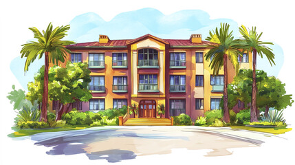 Fototapeta premium vibrant school building surrounded by palm trees and greenery