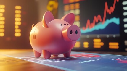 Piggy bank with investment reports and fluctuating stock market data 