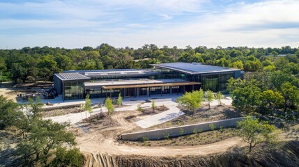 Eco-friendly building construction site sustainable architecture natural environment aerial view innovative design concepts