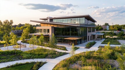 Sustainable green building construction site featuring eco-friendly design urban landscape aerial view modern architecture