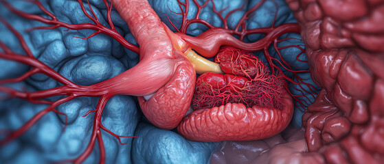 Naklejka premium Pancreatitis inflammation symptoms therapy medication. Detailed anatomical illustration of a heart and vascular system, showcasing intricate structures in vibrant colors.