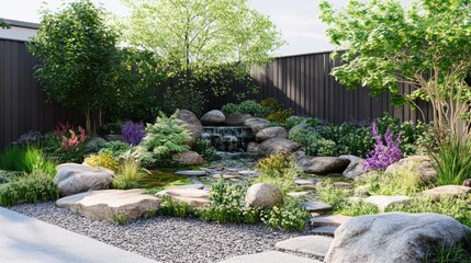 Obraz premium Garden landscape with pond and rock features surrounded by lush greenery and flowering plants in a serene outdoor setting.