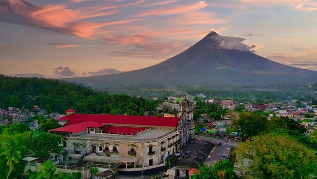 Daraga Church in Front of mayon volcano aerial shoot in Daraga Albay Philippines
