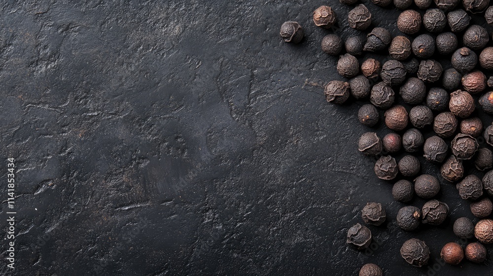 Poster allspice and black peppercorns scattered on a dark textured surface with ample negative space for cr