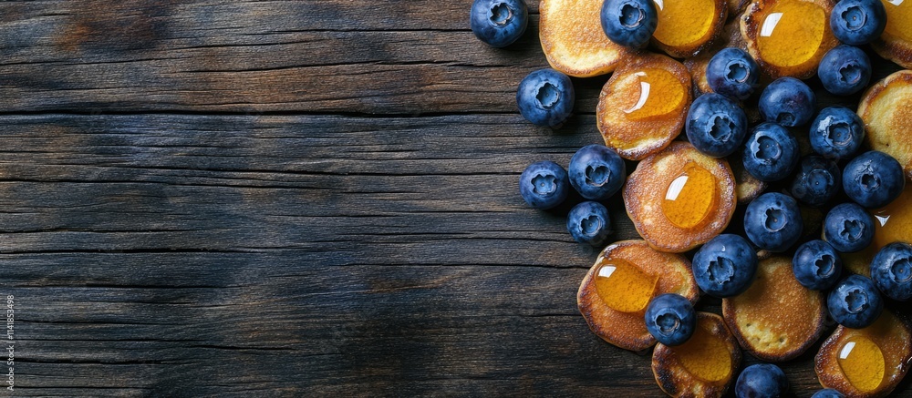 Poster stack of delicious pancakes drizzled with honey and fresh blueberries on rustic wooden surface with 