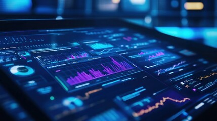 Futuristic digital dashboard displaying various data analytics charts and graphs on a tablet screen.