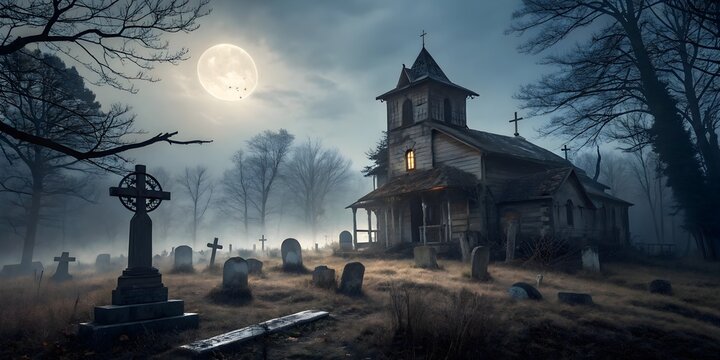 Halloween Scene - Graveyard At Moonlight - Contain Unrecognizable, Deformed Church With Reassembled Parts