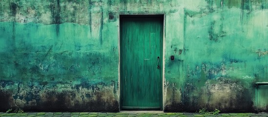 Weathered green door against a textured teal wall showcasing rustic charm and inviting mystery in a serene outdoor setting.