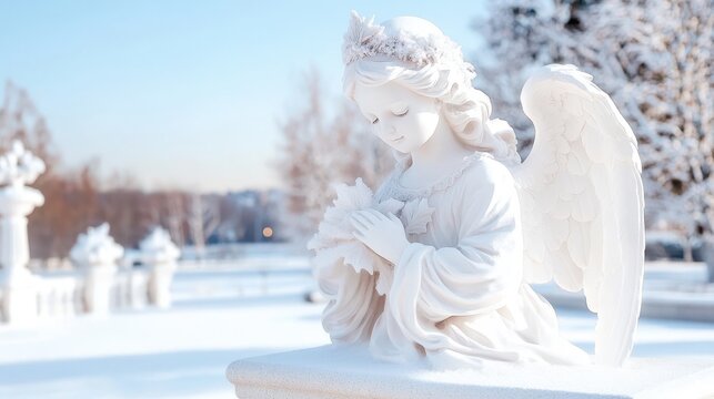 A statue of an angel made of white marble on the background of a winter landscape with snow-covered trees and a blue sky. A calm and majestic atmosphere. - Powered by Adobe