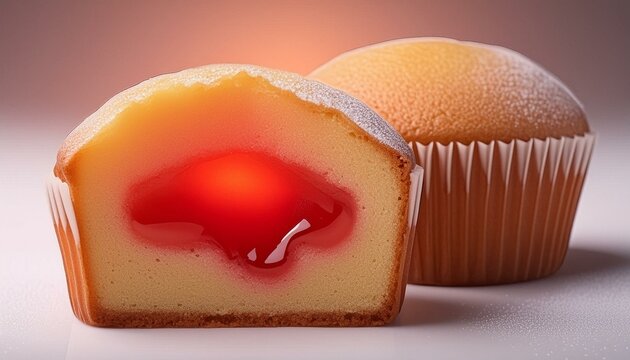 A cup cake cut in half, revealing the delicious strawberry filling inside