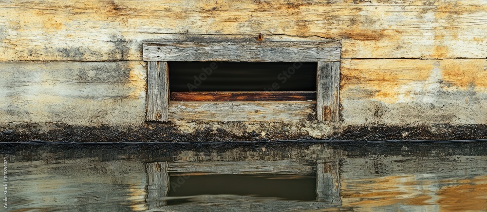 Poster weathered wooden window frame reflecting in calm river water creating a serene and nostalgic ambianc