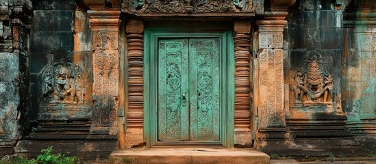 Weathered green door with intricate carvings suggesting history and inviting exploration in an ancient architectural setting