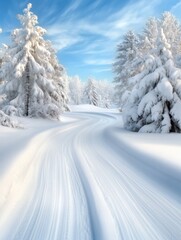 Fototapeta premium This breathtaking winter landscape showcases a winding, snow-covered pathway surrounded by towering, snow-capped pine trees.