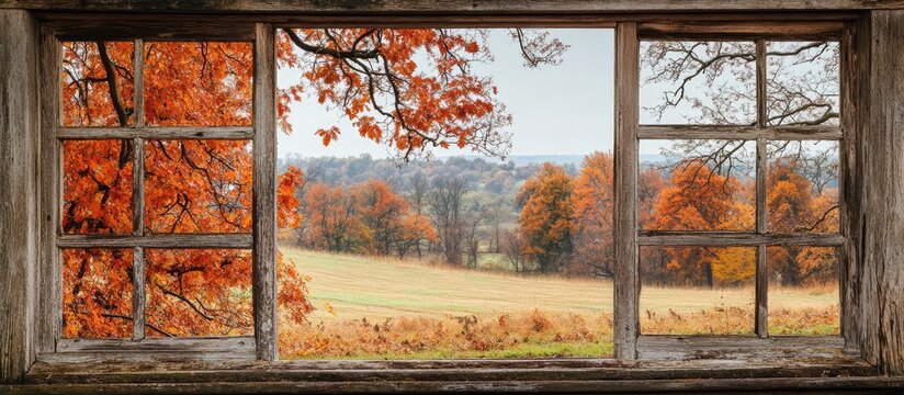 Autumn landscape viewed through a rustic wooden window showcasing vibrant fall colors and the beauty of seasonal transformation