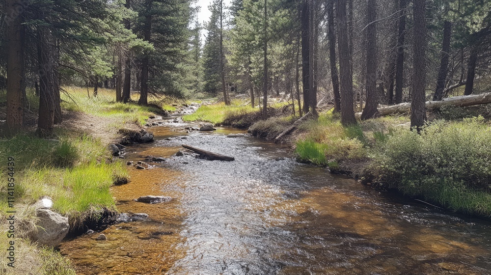 Poster serene stream winding through a lush pine forest with sunlight filtering through the trees creating 