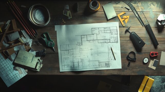 Architectural Blueprint And Drafting Tools On Wooden Table