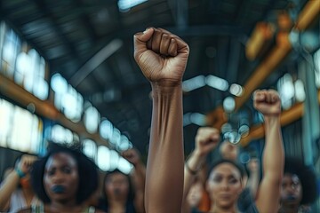 Obraz premium Youth activists hold hands while marching during a peaceful protest in a city street at sunset