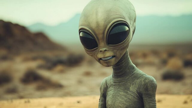 funny and cute extraterrestrial alien or ufo from an another planet in the desert, intelligent interstellar civilization in the universe