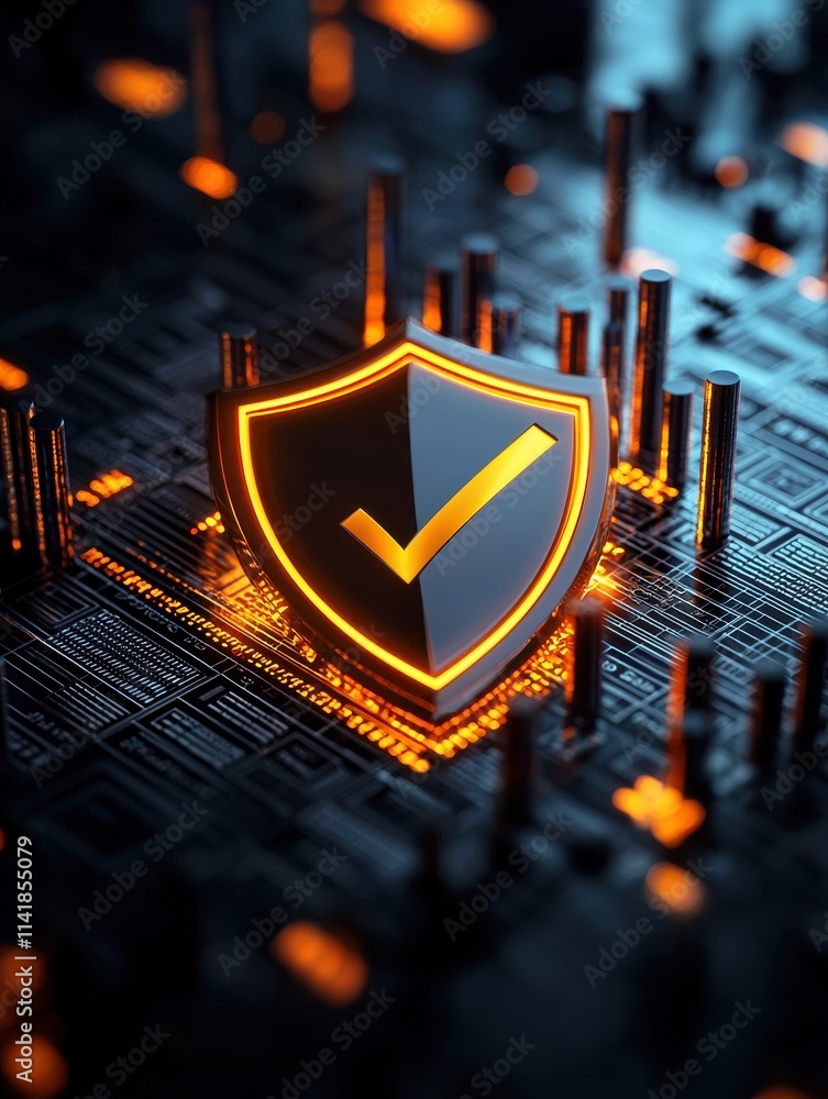 Poster a glowing shield with a checkmark sits on a circuit board, symbolizing cybersecurity and protection 