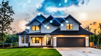 Smart home technology concept. Modern house with digital interface overlay at sunset.