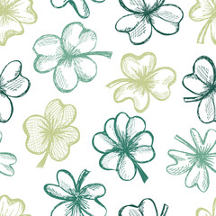 Seamless Pattern of Clover Leaves . Hand drawn botanical design