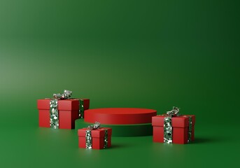 Podium shape for show cosmetic product display for christmas day or new years. Stand product showcase on green background with red and silver sparkling presents. 3d rendering